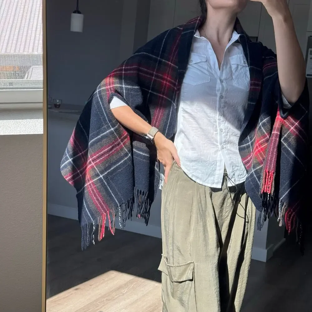 MUJI 100% Wool Plaid Poncho Cape Shawl Wrap Scarf Navy Red Tartan Fringe 75x210
